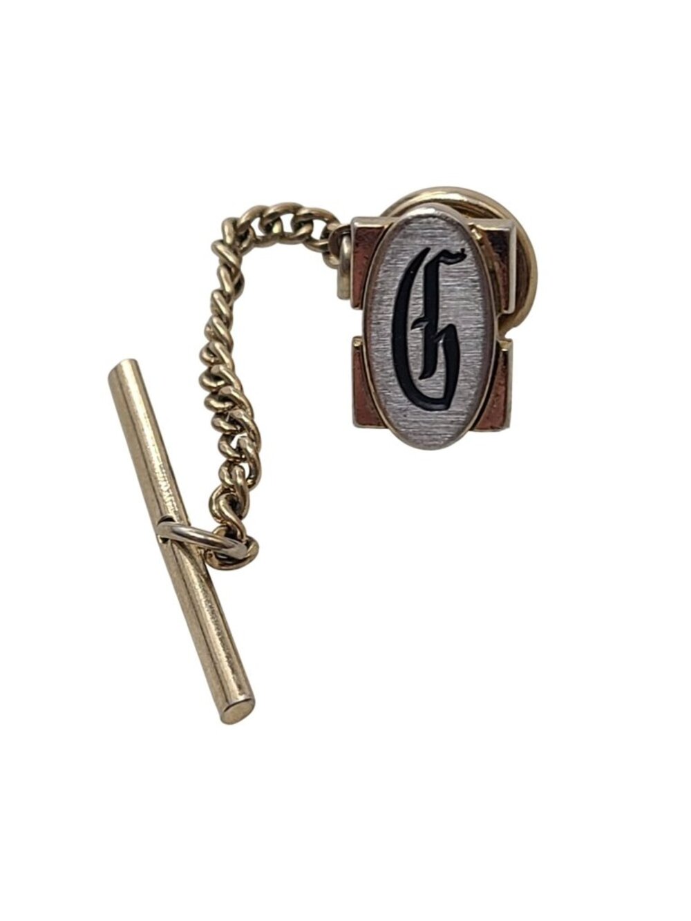 Vintage Hickok USA Letter G Monogram Tie Tack Pin Chain T Bar Gold Silver Tone
